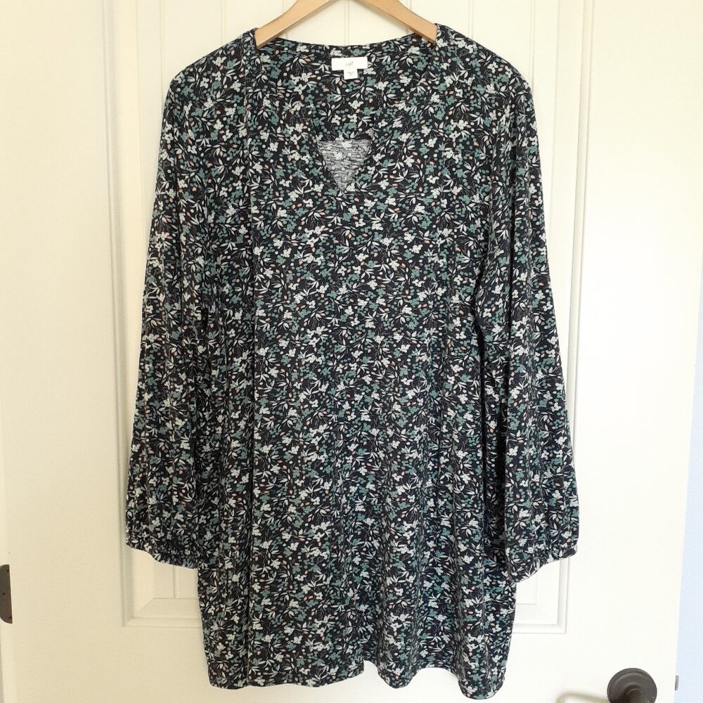 J. Jill Cotton/Modal Round V-Neck Micro Floral Knit Tunic Blue Size XL